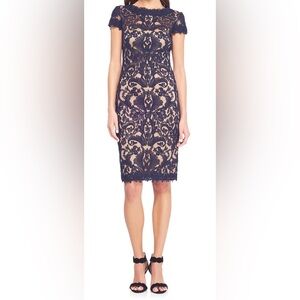 Tadashi Shoji Formal, Wedding or Cocktail Black & Tan Lace Midi Dress sz 10